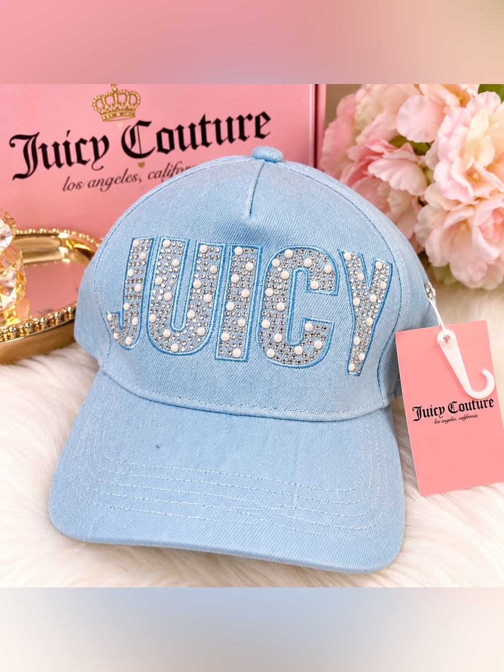 💎 Juicy Couture NWT Bling Rhinestone & Pearl Baseball Cap – Light Blue